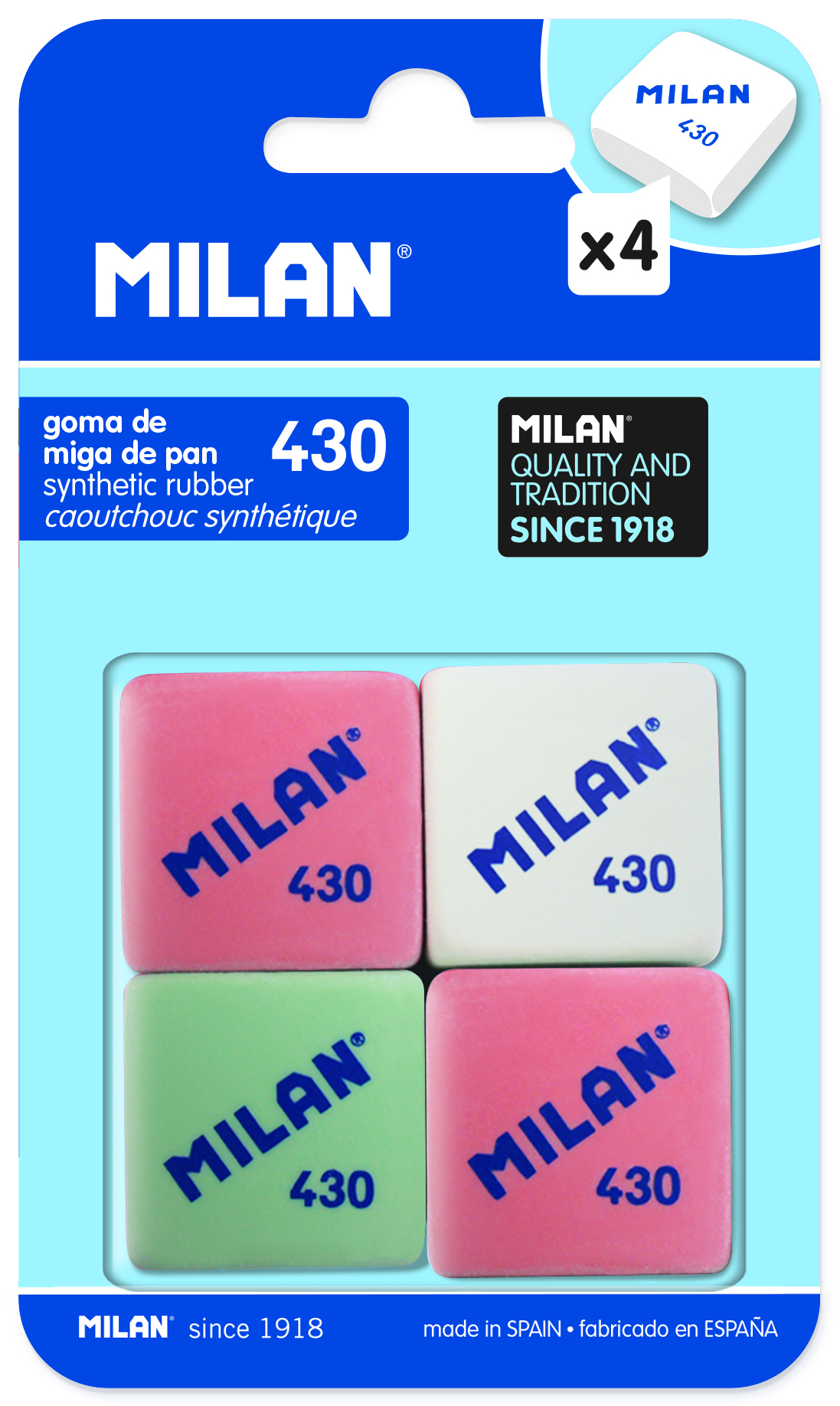 Milan 4 Pack Synthetic Rubber Erasers Blister Card